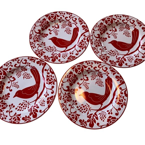 Set Of 4 Pier 1 Bird & Floral Red/White Stoneware Salad Plates Boho Excellent UC - Picture 4 of 7